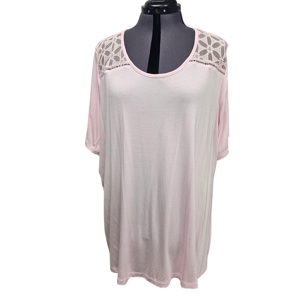 Avenue Women Pink Lace Yoke Scoop Neck Short Sleeve Knit Top Plus Size 26/28 NEW
